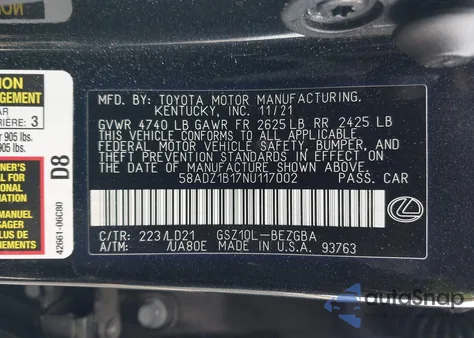 2022 Lexus Es 350 z USA, uszkodzony, nr VIN 58ADZ1B17NU117002